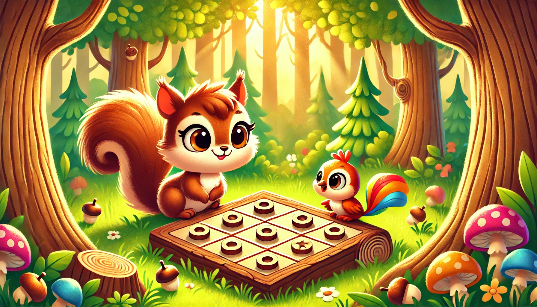 A colorful illustration of Squeaky, the small brown squirrel, and Chirpy, a vibrant bird, playing tic-tac-toe on a wooden log in a sunny forest. The scene is cheerful and engaging, perfect for the Games page of the Adventures of Squeaky website.