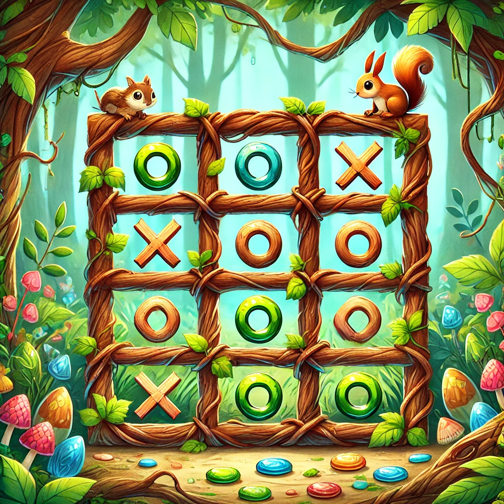 A whimsical tic-tac-toe game grid made of tree branches and natural elements like acorns and pebbles, set against a colorful forest backdrop with playful animals.