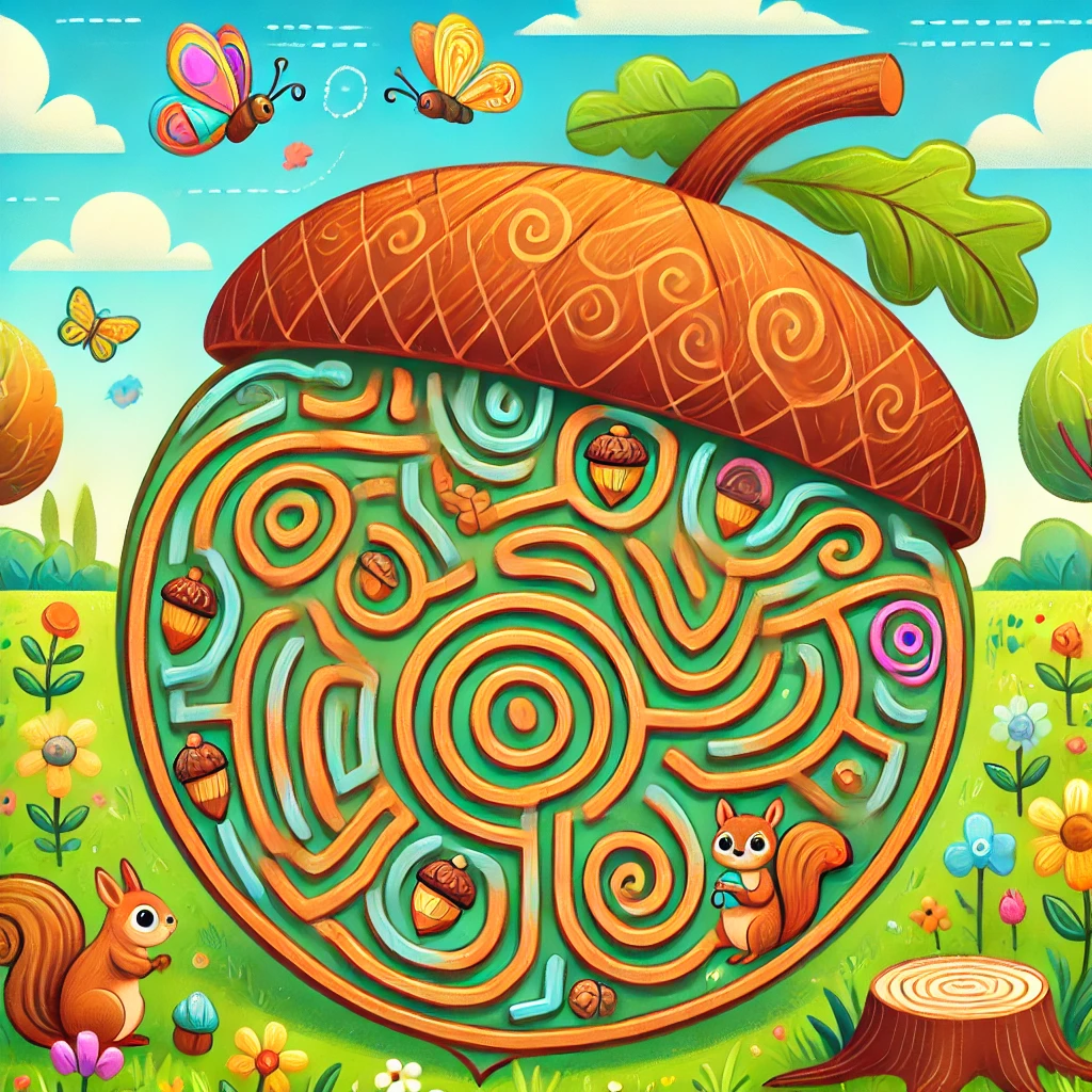 A colorful acorn-shaped maze for children with squirrels, leaves, and tree stumps, set against a bright meadow background with flowers and butterflies.