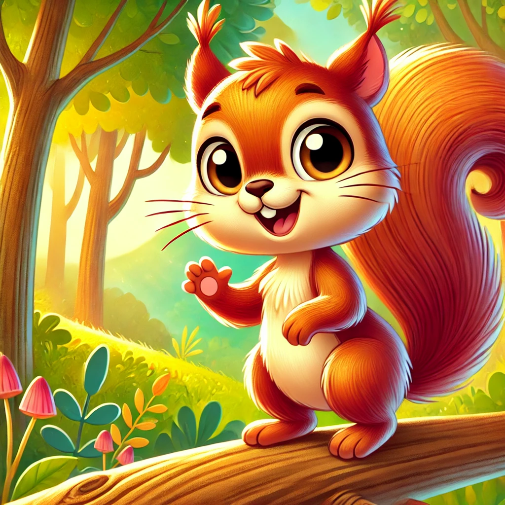 An illustrated squirrel with big, friendly eyes and a bushy tail, standing on a tree branch, smiling and waving. The background features vibrant forest scenery with colorful greenery and warm sunlight filtering through, designed in a children’s book style.